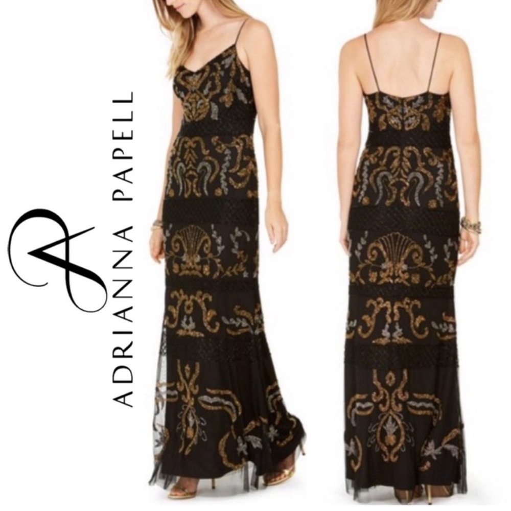 Adrianna Papell Black and Gold Maxi Dress